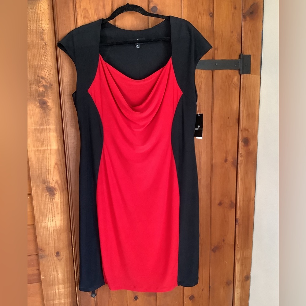 Ronni Nicole cs framed drape neck contoured dress new NWT 16 XL red black